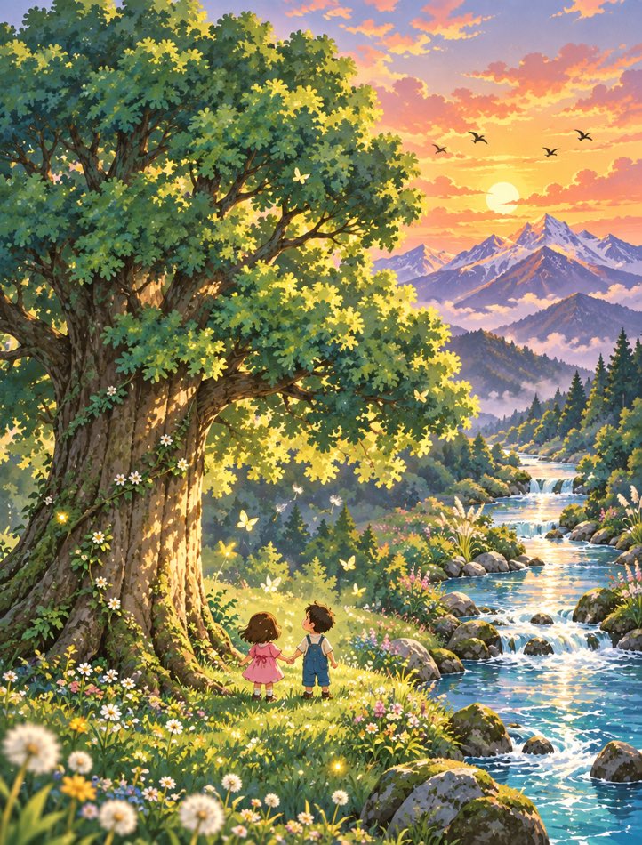 낙서→그림 완성본: 지브리풍 일러스트. 여자아이와 남자아이가 큰 나무 아래에서 손을 잡고, 풀밭 개울과 석양의 산