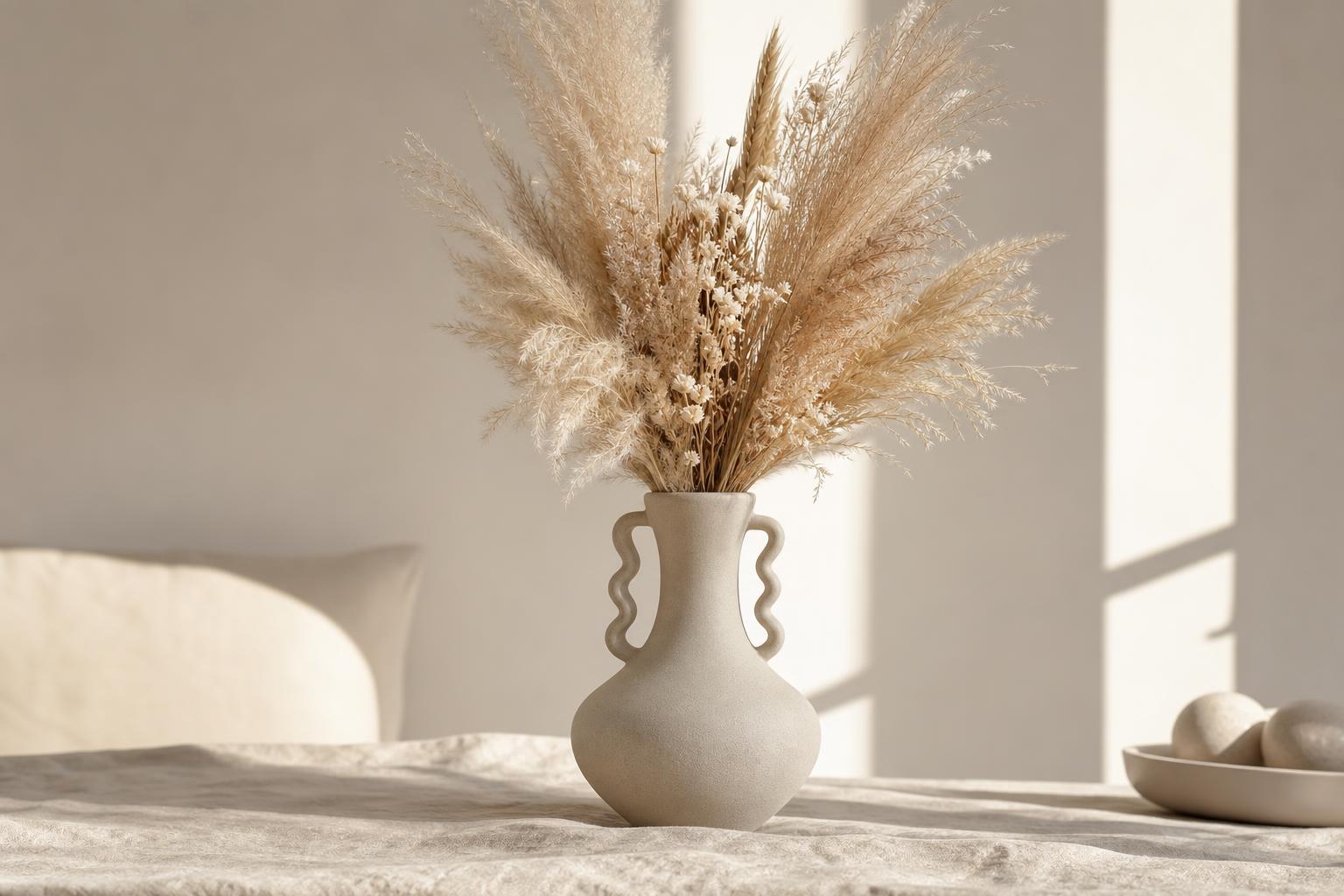 Text-zu-Bild-Ergebnis: gewellte cremefarbene Keramikvase mit Pampasgras und weißen Trockenblumen, schräges Sonnenlicht auf Leinen – minimalistischer Stil