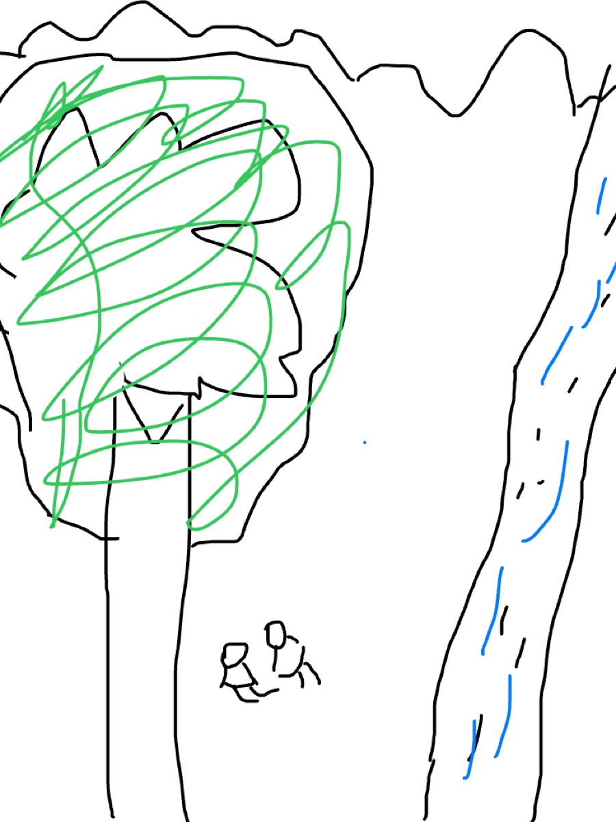 손그림 낙서 원본: 흰 바탕에 인물 윤곽과 초록 동그라미·파란 짧은 선, 아래에 막대인간 두 개