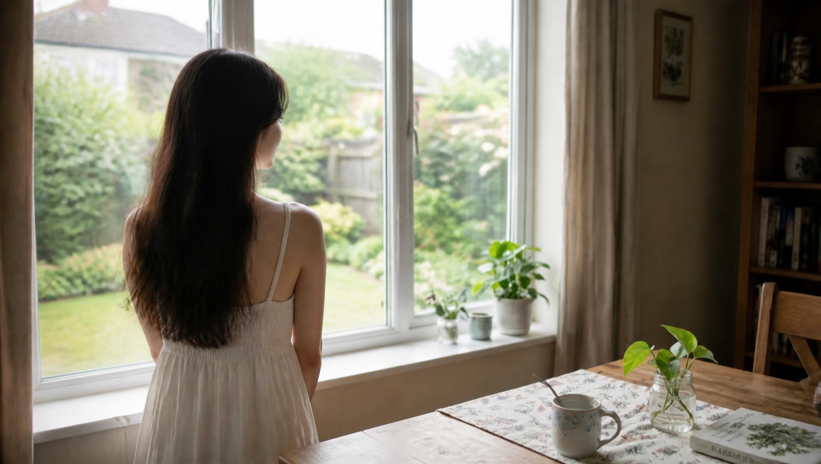 이미지→이미지 결과: 참고 이미지 1의 창가 장면과 분위기를 유지하고, 참고 이미지 2의 인물로 바꿔 구도를 다시 잡음