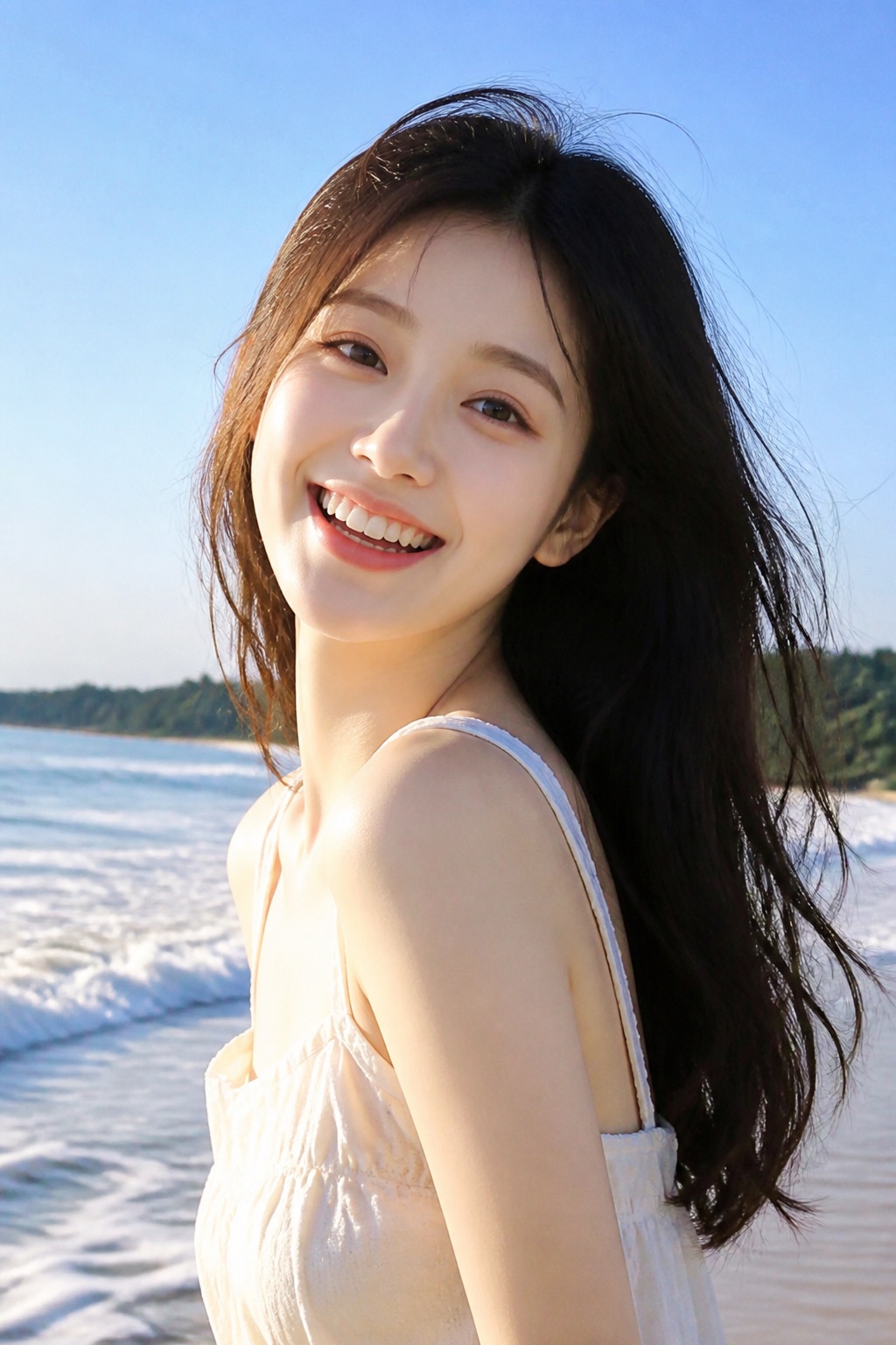 이미지→이미지 참고 이미지 2(주체): 바닷가에서 뒤돌아 미소 짓는 젊은 여성